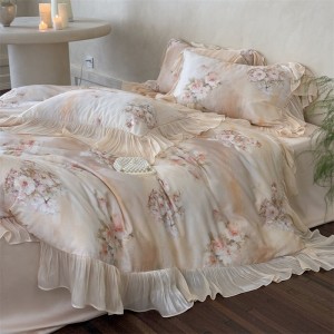 lyocell cotton satin home hotel textile pink lace comforter cover with 2 high-end pillowcases coverlets bedding set manufacture