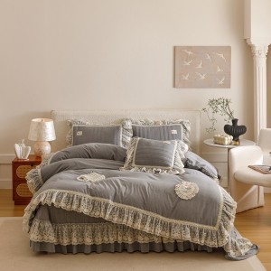 Lace duvet cover grey fitted flat sheets 2m/2.2m double bedsheet lace pillowslip queen king size bedding set