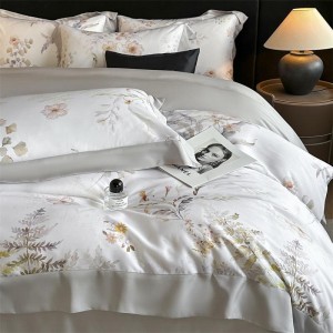 Hot Sale High Quality Lyocell Bed Sheet Flower Duvet Cover Printed Floral 4pcs White Bedding Set