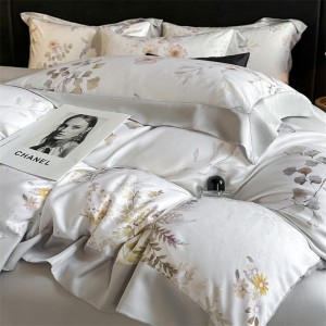 Hot Sale High Quality Lyocell Bed Sheet Flower Duvet Cover Printed Floral 4pcs White Bedding Set