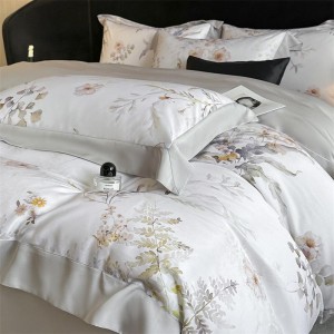Hot Sale High Quality Lyocell Bed Sheet Flower Duvet Cover Printed Floral 4pcs White Bedding Set