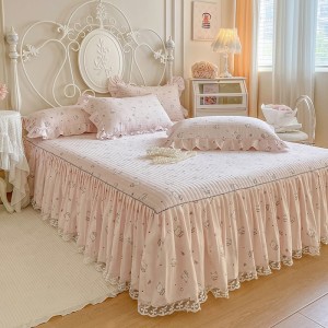 Customized 4 pcs home hotel textiles colored double coverlets bed skirt bedspread set manufacture