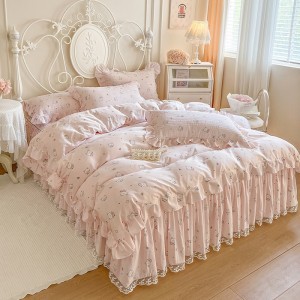 Customized 4 pcs home hotel textiles colored double coverlets bed skirt bedspread set manufacture