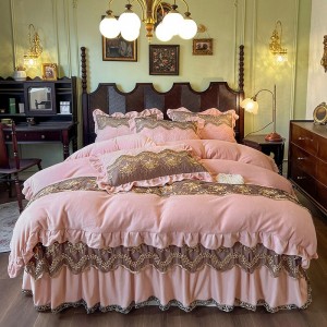 Premium quality milk velvet bed skirt pink lace ruffles 4pcs bedding set supplier