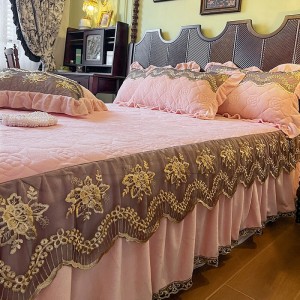 Premium quality milk velvet bed skirt pink lace ruffles 4pcs bedding set supplier
