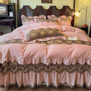 Premium quality milk velvet bed skirt pink lace ruffles 4pcs bedding set supplier