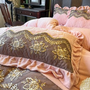 Premium quality milk velvet bed skirt pink lace ruffles 4pcs bedding set supplier