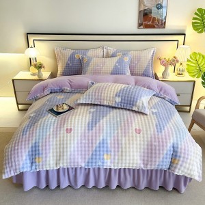 winter warm 4pcs ruffles home hotel textiles purple milk velvet printing bedding set supplier