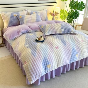 winter warm 4pcs ruffles home hotel textiles purple milk velvet printing bedding set supplier