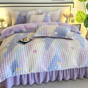 winter warm 4pcs ruffles home hotel textiles purple milk velvet printing bedding set supplier
