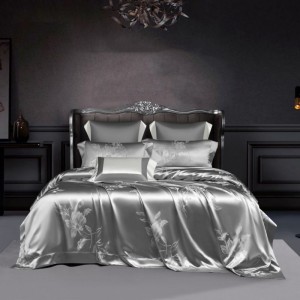 Skin-friendly Mulberry Silk & Cotton Duvet Comforter Quilt Cover Bed Sheet Pillowcases Four Pieces Silver Jacquard Luxury Bedding Set