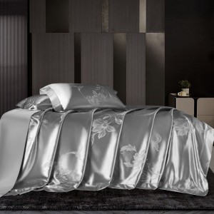 Skin-friendly Mulberry Silk & Cotton Duvet Comforter Quilt Cover Bed Sheet Pillowcases Four Pieces Silver Jacquard Luxury Bedding Set