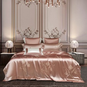 Oeko Certified 19mm Jacquard Pure Silk Bed Sheet Charmeuse Pink 100% Mulberry Silk Satin Duvet Cover 4PCS Bed Set