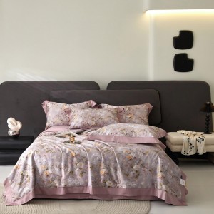 Hot selling high quality printing home quilt cover lyocell king size pink bed sheet embroidery bedding set