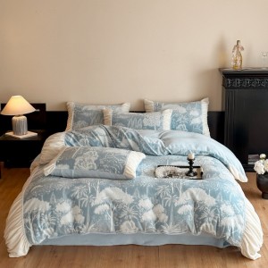 Winter milk fleece home textiles blue printing ruffles 4pcs bedding set supplier