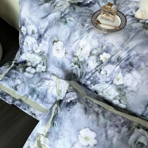 Luxury home textile blue Tencel cotton brushed flat sheet digital printing bed cover 4pcs bedding set