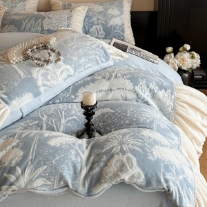 Winter milk fleece home textiles blue printing ruffles 4pcs bedding set supplier