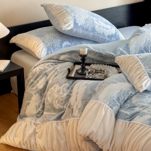 Winter milk fleece home textiles blue printing ruffles 4pcs bedding set supplier