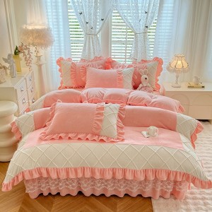 High quality pink milk velvet home textiles craving craft duvet cover ruffles bedding set supplier