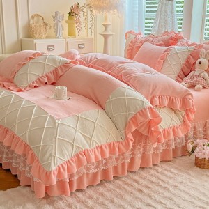 High quality pink milk velvet home textiles craving craft duvet cover ruffles bedding set supplier