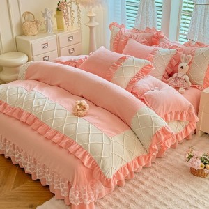 High quality pink milk velvet home textiles craving craft duvet cover ruffles bedding set supplier