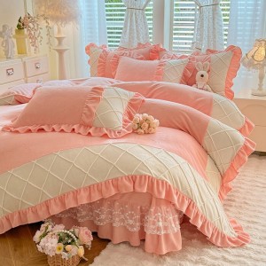 High quality pink milk velvet home textiles craving craft duvet cover ruffles bedding set supplier