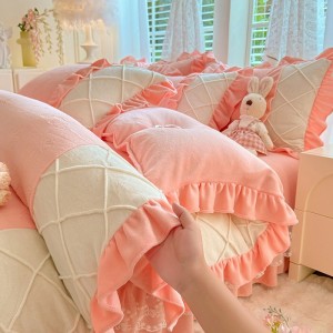 High quality pink milk velvet home textiles craving craft duvet cover ruffles bedding set supplier