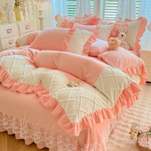 High quality pink milk velvet home textiles craving craft duvet cover ruffles bedding set supplier
