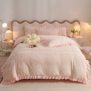 High quality rabbit fleece 4pcs home textiles solid color ruffles bedding set supplier