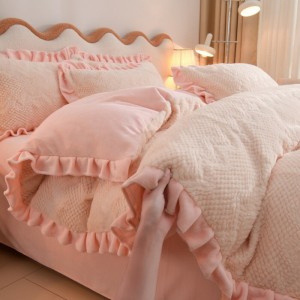 High quality rabbit fleece 4pcs home textiles solid color ruffles bedding set supplier