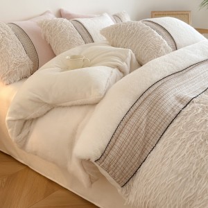Solid color white fleece home textiles winter warm patchwork bedding set wholesaler