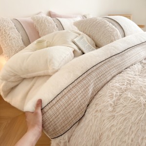 Solid color white fleece home textiles winter warm patchwork bedding set wholesaler