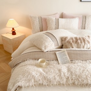 Solid color white fleece home textiles winter warm patchwork bedding set wholesaler