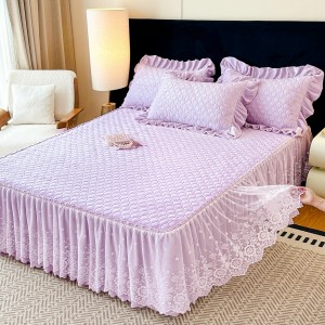 High quality 3pcs milk velvet quilted cotton ruffles pillow shams lace bedskirt set supplier