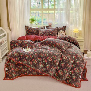 Winter warm fluffy 4pcs comforter cover black red plant printing home textiles bedding set