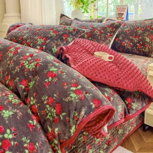 Winter warm fluffy 4pcs comforter cover black red plant printing home textiles bedding set