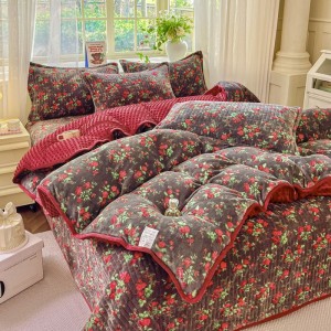 Winter warm fluffy 4pcs comforter cover black red plant printing home textiles bedding set