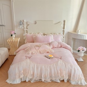 Pink lace embroidery home textiles ruffles comforter duvet cover milk velvet bedding set