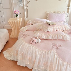 Pink lace embroidery home textiles ruffles comforter duvet cover milk velvet bedding set