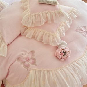 Pink lace embroidery home textiles ruffles comforter duvet cover milk velvet bedding set