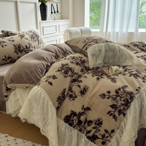 High quality brown plant printing home textiles Fur fleece Home Textiles Supplier
