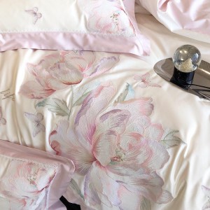 Pastoral style embroidery home textile 100s cotton bed linen pink duvet quilt comforter cover bedding set wholesaler