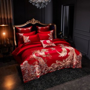 High Luxury Gold Embroidery Duvet Quilt Comforter Cover Red Wedding 4/6/10PCS Satin Bedspread Bedding Set