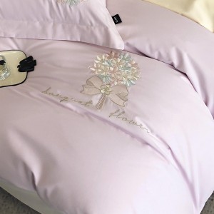 High end brushed cotton embroidery flat sheets queen size comforter cover with 2 pillow shams ODM purple coverlets bedding set supplier