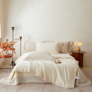 Hot selling linen cotton 4-pieces textile ODM coverlets solid color lace bedsheets white bed linen bedding set wholesaler