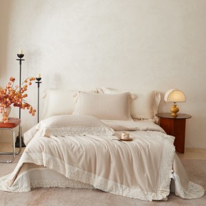 Hot selling linen cotton 4-pieces textile ODM coverlets solid color lace bedsheets white bed linen bedding set wholesaler