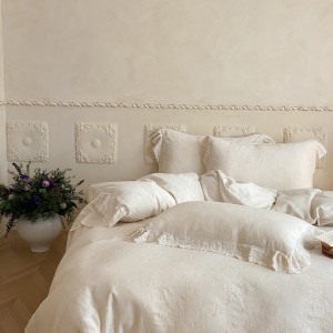 Hot selling linen cotton 4-pieces textile ODM coverlets solid color lace bedsheets white bed linen bedding set wholesaler