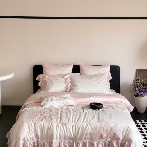 High quality embroidery 4pcs lace duvet cover pink ruffles bedding set supplier