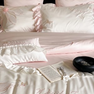High quality embroidery 4pcs lace duvet cover pink ruffles bedding set supplier