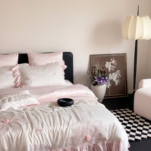 High quality embroidery 4pcs lace duvet cover pink ruffles bedding set supplier